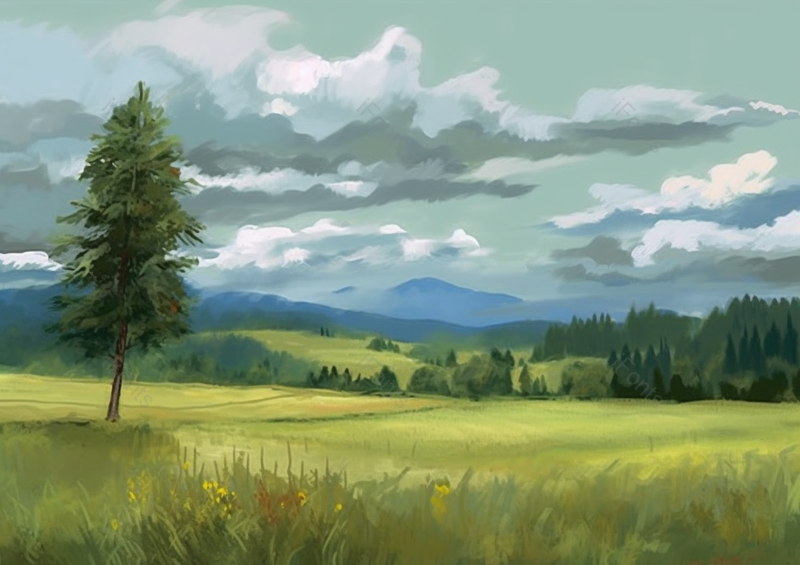 多云绿色草地平原树林高山自然田园插画,插画/手绘图,插画/手绘图库,插画/手绘图下载,插画/手绘